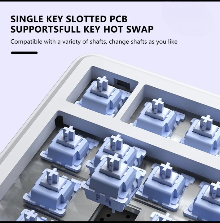 Close-up of F75 MAX tri-mode wireless keyboard showing single key slotted PCB with hot swap blue mechanical switches