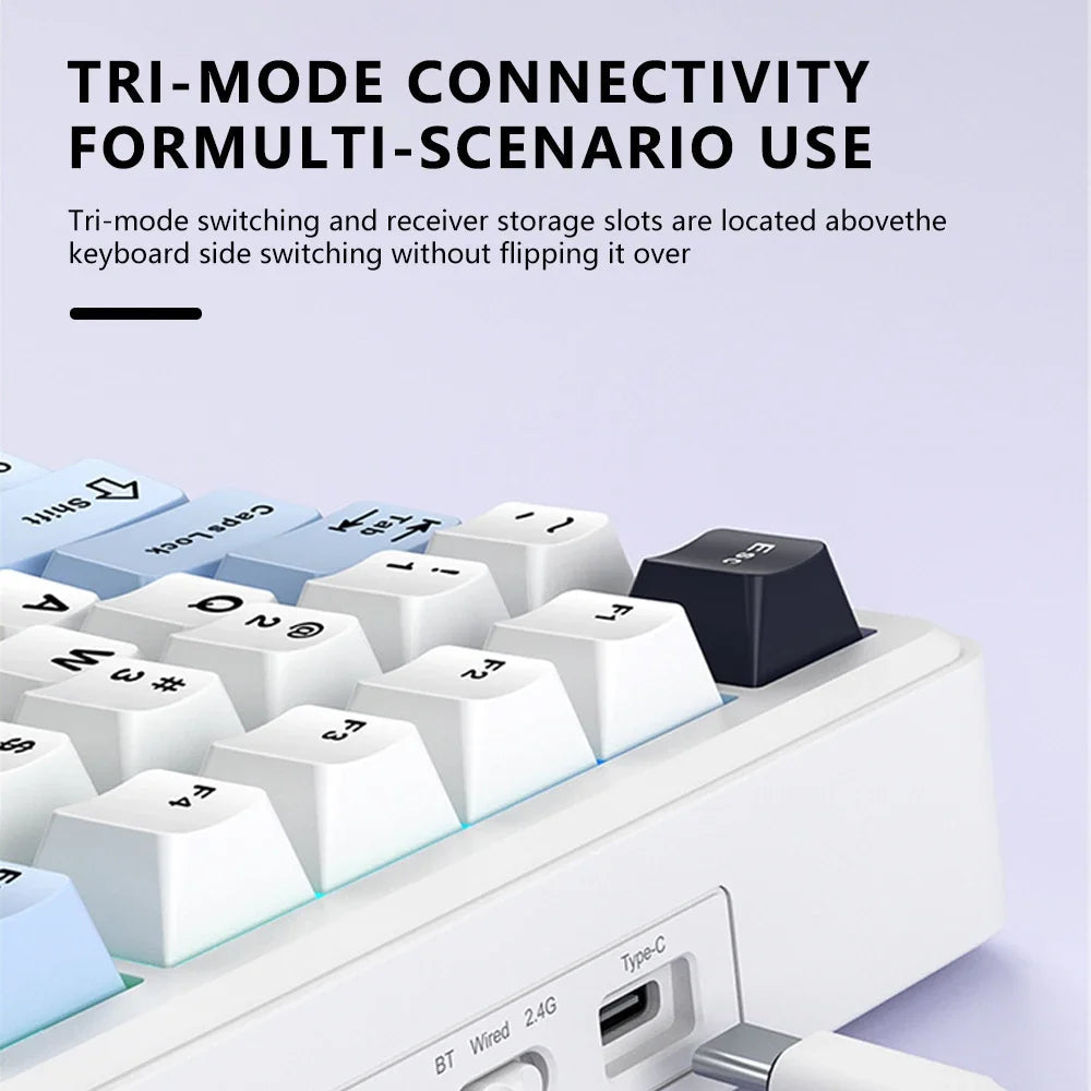 Close-up of Techwu F75 MAX tri-mode wireless keyboard showing white and blue keys with Type-C and BT ports