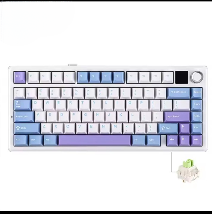 Techwu F75 MAX tri-mode wireless keyboard with purple and blue keycaps and rotary knob