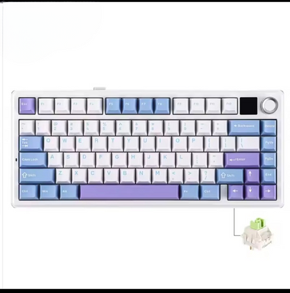 Techwu F75 MAX tri-mode wireless keyboard with purple and blue keycaps and rotary knob